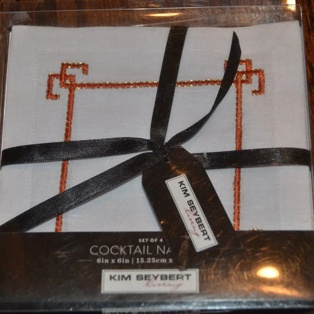 RARE KIM SEYBERT LIVING 4 ORANGE EMBROIDERED GREEK KEY COCKTAIL BAR NAPKIN